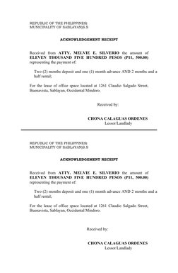 REPUBLIC OF THE PHILIPPINES)
MUNICIPALITY OF SABLAYAN)S.S
ACKNOWLEDGEMENT RECEIPT 
 
Received  from  ATTY.  MELVIE  E.  SILVE