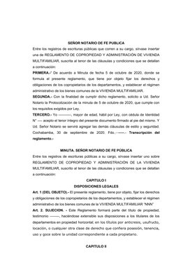 SEÑOR NOTARIO DE FE PUBLICA
Entre los registros de escrituras públicas que corren a su cargo, sírvase insertar
una de REGLAME