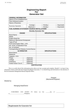 :
:
:
:
Engineering Report
For 
Generator Set
GENERAL INFORMATION
Name of Firm/ Establishment
Plant Address/Location       
N
