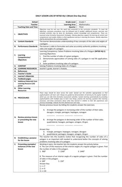 DAILY LESSON LOG OF M7GE-IIIj-1 (Week One-Day One)
School
Grade Level
Grade 7
Teacher
Learning Area
Mathematics
Teaching Date