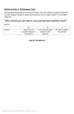ELEMENTARY ENHANCED LEARNING MODULE | OLALA 2.0 | HEALTH 1 
 
Guided Activity 3. Performance Task. 
Ask your parents/guardi