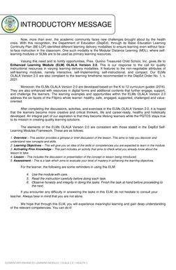 ELEMENTARY ENHANCED LEARNING MODULE | OLALA 2.0 | HEALTH 1 
 
 
 
 
 
 
 
Now, more than ever, the academic community faces
