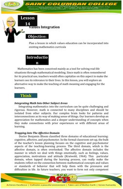 Integrating Values in Grade 1 Math Lessons | PDF | Learning | Curriculum