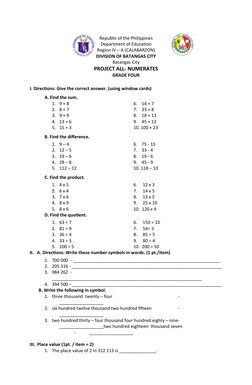 Grade 4 Numeracy Project Assessment | PDF | Mathematics