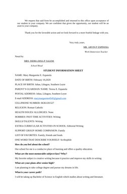 We request that said form be accomplished and returned to this office upon acceptance of
our student in your company. We are