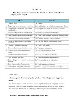 ACTIVITY 2
After the pre-immersion orientation, list the Do’s and Don’ts employed  in the
workplace you are assigned.
DO’s
DO