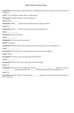 Taking Table Reservation (Script)
Receptionist: Good Morning / Good Afternoon this is “Receptionist Full Name” of Name o Rest