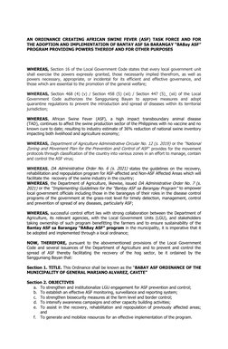 AN ORDINANCE CREATING AFRICAN SWINE FEVER (ASF) TASK FORCE AND FOR
THE ADOPTION AND IMPLEMENTATION OF BANTAY ASF SA BARANGAY