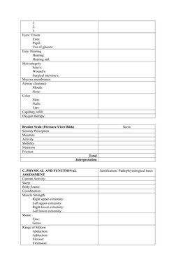 1.
2.
3.
Eyes/ Vision
Eyes: 
Pupil:
Use of glasses:
Ears/ Hearing
Hearing:
Hearing aid:
Skin integrity
Scar/s:
Wound/s:
Surgi