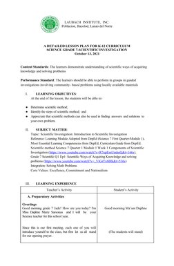 LAUBACH  INSTITUTE,  INC.
Poblacion, Bacolod, Lanao del Norte
A DETAILED LESSON PLAN FOR K-12 CURRICULUM
SCIENCE GRADE 7-SCIE