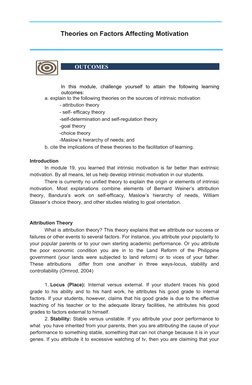 Theories on Factors Affecting Motivation
OUTCOMES
          OUTCOMES
In  this  module,  challenge  yourself  to  attain  the