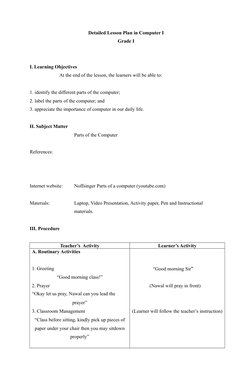 Grade 1 Computer Parts Lesson Plan | PDF | Computing | Communication