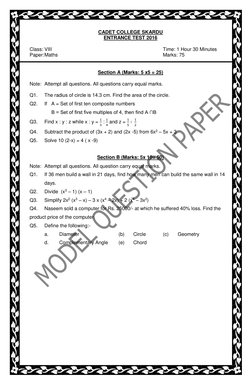 CADET COLLEGE SKARDU 
ENTRANCE TEST 2016 
 
Class: VIII 
 
 
 
 
 
 
 
Time: 1 Hour 30 Minutes 
Paper: Maths