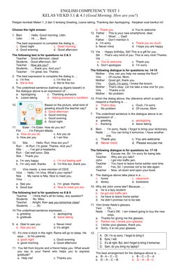 ENGLISH COMPETENCY TEST 1
KELAS VII KD 3.1 & 4.1 (Good Morning. How are you?)
Pelajari kembali Materi 1, 2 dan 3 tentang Gree