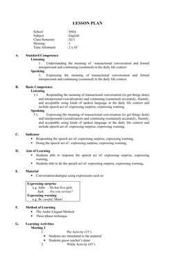 LESSON PLAN
School
: SMA 
Subject
: English
Class/Semester
: XI/1
Meeting 
: 1
Time Allotment
: 2 x 45’
A.
Standard Competenc