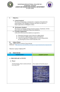 QUEZONIAN EDUCATIONAL COLLEGE INC.,
ATIMONAN, QUEZON
JUNIOR AND SENIOR HIGH SCHOOL DEPARTMENT
SY 2021-2022
I.
Objectives
A. C