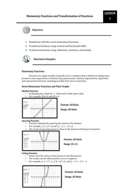 Elementary Functions and Transformation of Functions
LESSON
7
Objectives
1. Familiarize with the seven elementary functions
2