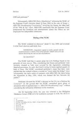 Decision 
6 
G.R. No. 200434 
CBN and petitioner.20 
Subsequently, ABS-CBN filed a Manifestion21 informing the NLRC of 
the S