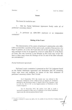 Decision 
9 
G.R. No. 200434 
Issues 
The issues for resolution are: 
1. 
Did the Partial Settlement Agreement finally settle