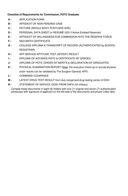 Checklist of Requirements for Commission, POTC Graduate 
A - 
APPLICATION FORM 
B - 
AFFIDAVIT OF NON-PENDING CASE 
C - 
PI