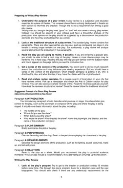6 
 
Preparing to Write a Play Review 
 
1. Understand the purpose of a play review. A play review is a subjective and educat