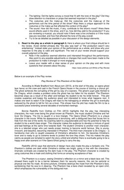 8 
 
 
The lighting: Did the lights convey a mood that fit with the tone of the play? Did they 
draw attention to characters