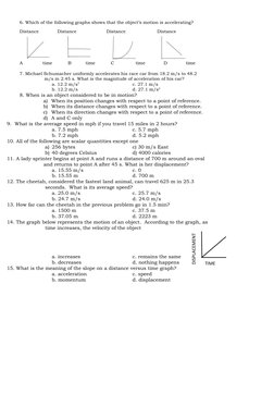 6. Which of the following graphs shows that the object’s motion is accelerating?  
Distance             Distance