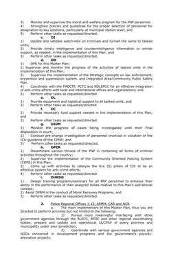 3)
Monitor and supervise the moral and welfare program for the PNP personnel.
4)
Strengthen policies and guidelines for the p