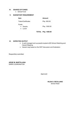 IV.
SOURCE OF FUNDS 

School Fund 
V.
BUDGETARY REQUIREMENT  
Item
Amount
Token/Certificates
Php. 500.00
Foods

Snacks

Lu