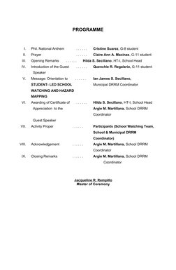 PROGRAMME 
I.
Phil. National Anthem  
    . . . . . .  
Cristine Suarez, G-8 student
II.
Prayer 
    . . . . . . 
Claire Ann