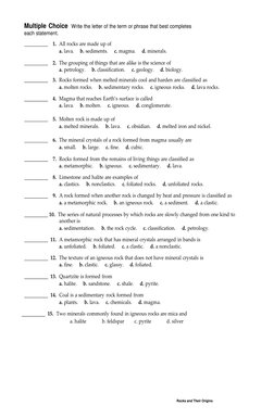 Rocks and Their Origins 
 
 
Multiple Choice  Write the letter of the term or phrase that best completes 
each statement.