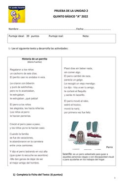 PRUEBA DE LA UNIDAD 2
            QUINTO BÁSICO “A” 2022
Nombre:…………………………………………………………………………….Fecha:…………………………………..
Puntaje i