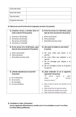 Título del texto:
Autor del texto:
Tipo de texto:
Propósito del texto:
2) Marca con una X la letra de la respuesta correcta: