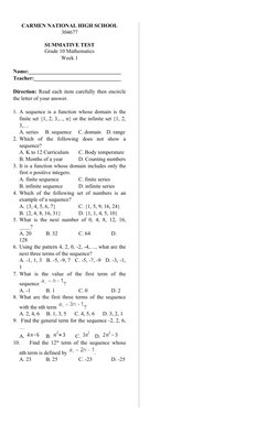 Grade 10 Math Summative Test on Sequences | PDF | Sequence | Function ...