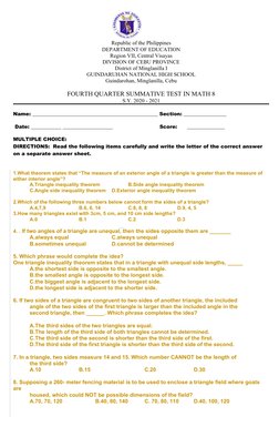 Math 8 Fourth Quarter Test Guide | PDF | Triangle | Geometry