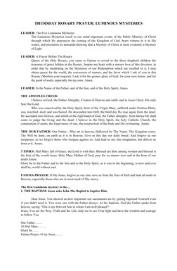 THURSDAY ROSARY PRAYER: LUMINOUS MYSTERIES
LEADER: The Five Luminous Mysteries
The Luminous Mysteries recall to our mind impo