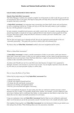 Monitor and Maintain Health and Safety in The Salon 
SALON RISK ASSESSMENT DOCUMENTS
Step-by-Step Salon Risk Assessment
The S