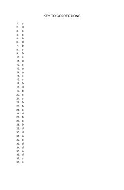 KEY TO CORRECTIONS
1.
c
2.
d
3.
c
4.
c
5.
b
6.
d
7.
b
8.
c
9.
b
10. c
11. d
12. c
13. a
14. a
15. c
16. c
17. b
18. d
19. b
2