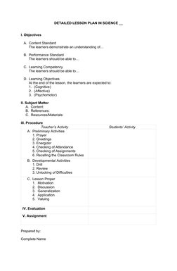 DETAILED LESSON PLAN IN SCIENCE __
I. Objectives
A. Content Standard
The learners demonstrate an understanding of…
B. Perform