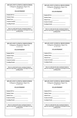 HINAPLANON NATIONAL HIGH SCHOOL
Cabugason, Hinaplanon, Iligan City
SY 2022-2023
EXAM PERMIT
 
Student ID No.: _______________
