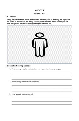 ACTIVITY 4
THE BODY MAP
A. Direction: 
Using the activity sheet, divide and label the different parts of the body that repres