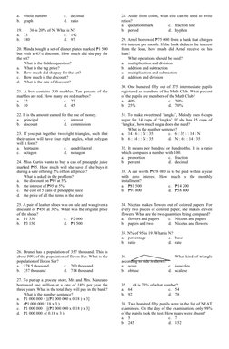 a.
whole number
c.
decimal
b.
graph
d.
ratio
19.       36 is 20% of N. What is N?
a.
73
c.
192
b.
180
d.
97
20. Minda bought