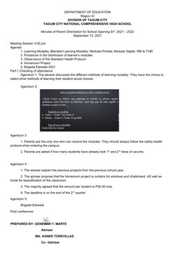 DEPARTMENT OF EDUCATION
Region XI
DIVISION OF TAGUM CITY
TAGUM CITY NATIONAL COMPREHENSIVE HIGH SCHOOL
Minutes of Parent Orie