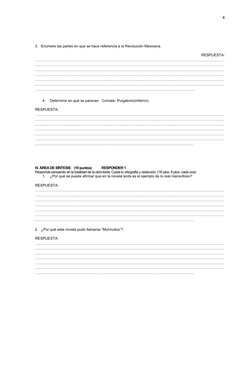 4
3. Enumere las partes en que se hace referencia a la Revolución Mexicana.
 
RESPUESTA:
………………………………………………………………………………………………