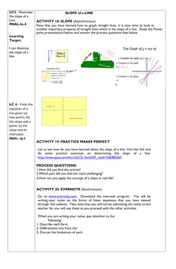 LC3 - Illustrates 
the slope of a 
Line 
M8AL-Ie-4 
 
 
Learning 
Target: 
 
I can illustrate 
the slope of a 
line