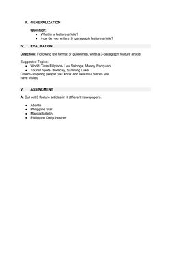 F. GENERALIZATION
Question:

What is a feature article?

How do you write a 3- paragraph feature article?
IV. 
EVALUATION
D