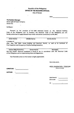 Republic of the Philippines
OFFICE OF THE BUILDING OFFICIAL
City of Davao
i
Date:
The Resident Manager
Davao Light & Power Co