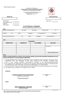 DPWH FORM NO. 96-002-E
DATE ISSUED
:
DATE FILED :
PAID UNDER O.R. NO. :
AMOUNT
:
DATE ISSUED
:
BOX 1
NAME OF OWNER/APPLICANT