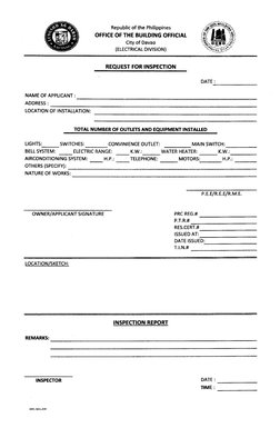 Republic of the Philippines
OFFICE OF THE BuILDING OFFICIAL
City of Davao
(ELECTRICAL DIVISION)
REQUEST FOR INSPECTION
DATE