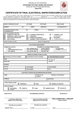 CERTIFICATE OF FINAL ELECTRICAL INSPECTION/COMPLETION 
THIS  IS  TO  CERTIFY  THAT  FINAL  INSPECTION  OF  THE  ELECTRICAL